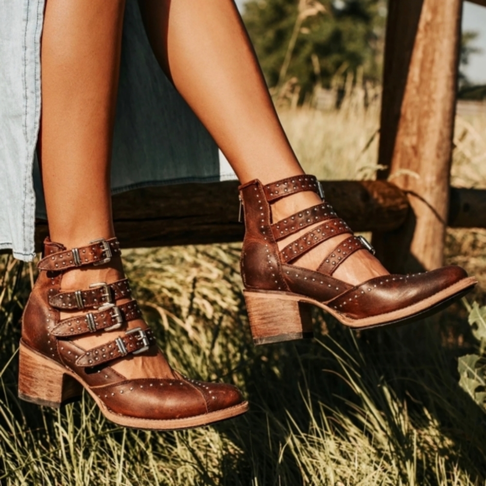 Freebird Steven Brown Studded Strap buckle Booties